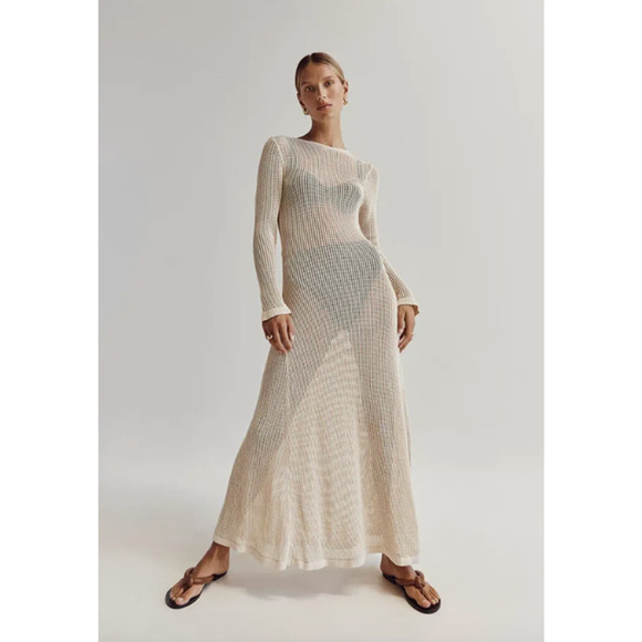 DISSH Dresses & Skirts - DISSH Ophelia Crochet Knit Maxi Dress Small Cream Long Sleeve Resortwear Beach